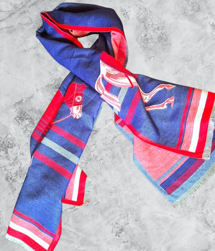 [S005] Cashmere Red and Blue Horse Design Scarf